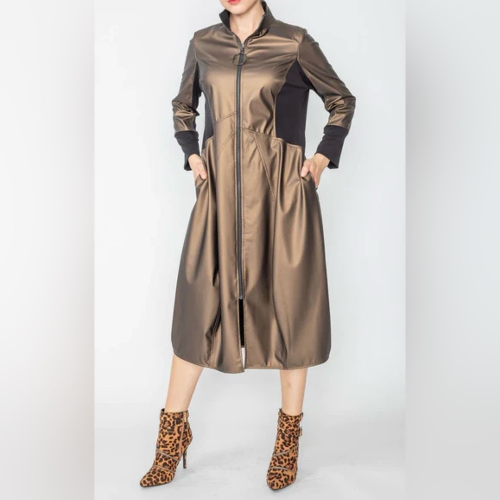 NWT IC Collection Metallic Bronze & Black Zip Front Dress/Jacket size Small